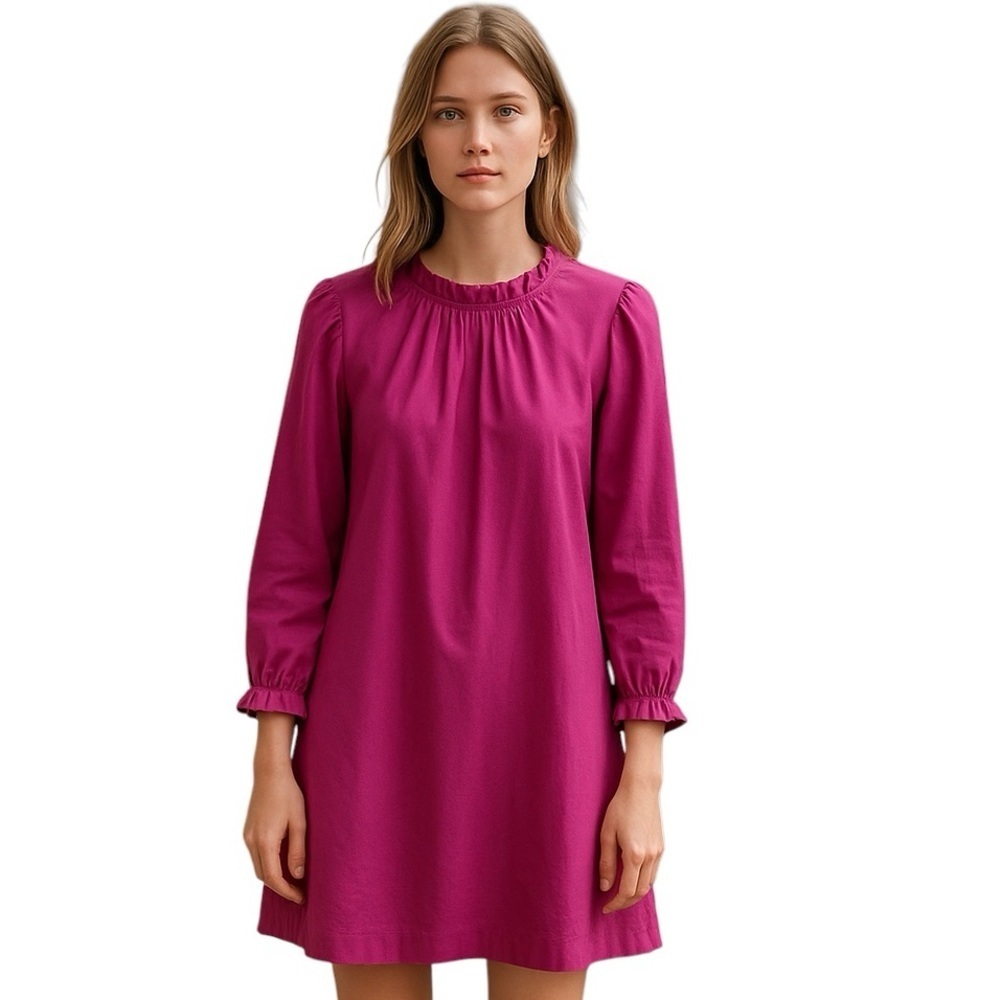 J. Crew Women’s Fuchsia Size 8 Short Shift Dress, Ruffle Accents, Long Sleeve - Picture 1 of 4